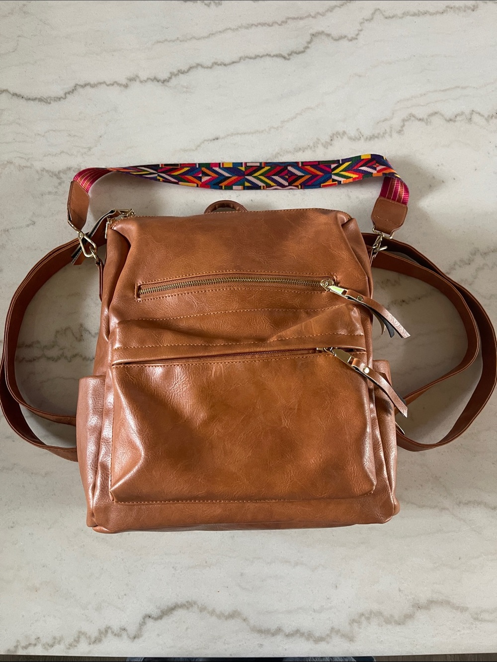 Tan Leather Backpack Crossbody Bag with Colorful Strap